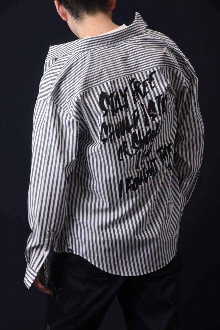 Roarguns Stay Free Print Stripe Shirt バックプリント ストライプシャツ ブラック Gossip